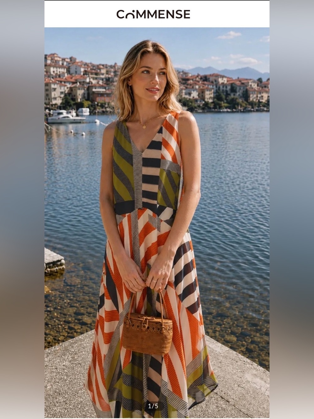 Commense Color Block Striped Asymmetric Midi Dress